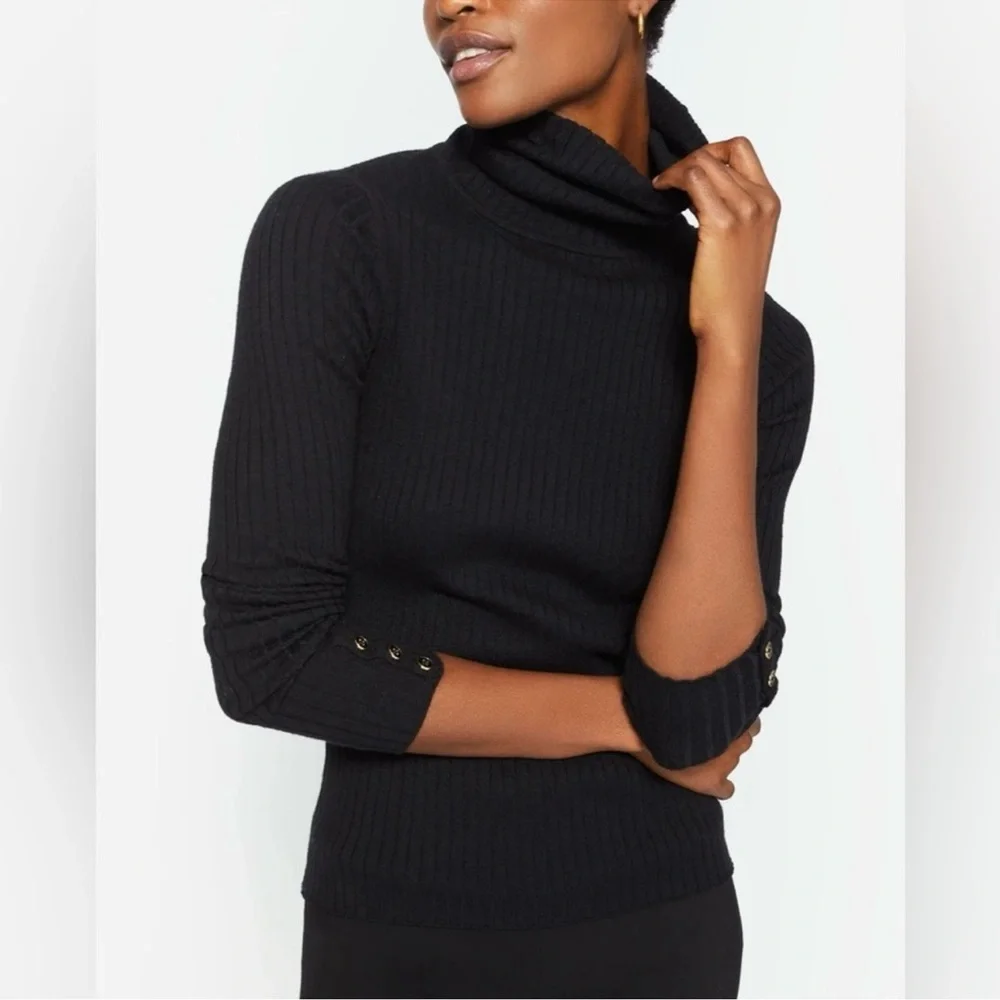 J. McLaughlin Arlette Ribbed Turtleneck Sweater Black Women’s Large Buttons XS - Picture 2 of 10